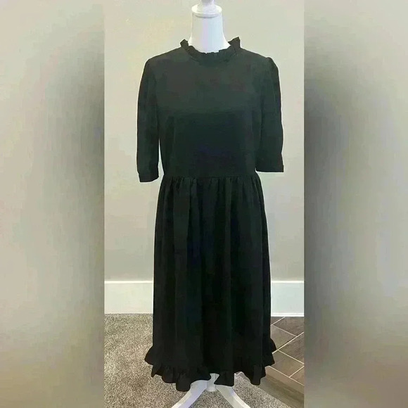 Hidden Alley Size large black ruffle Neck Puff Sleeves Smocked Casual Midi Dress - Picture 1 of 11